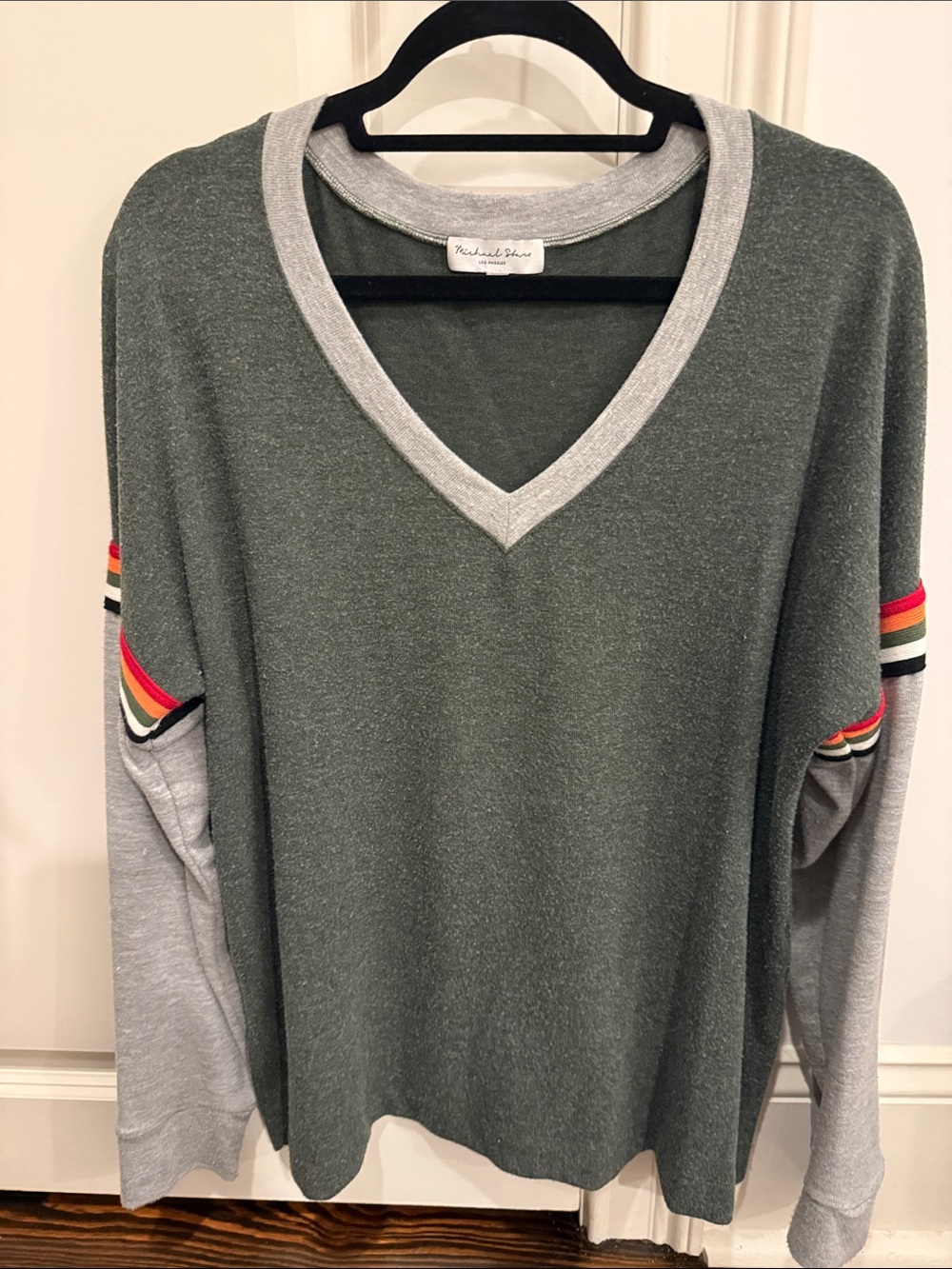 Mitchell & Ness Olive Green V-Neck Pullover with Multi-Stripe Sleeves